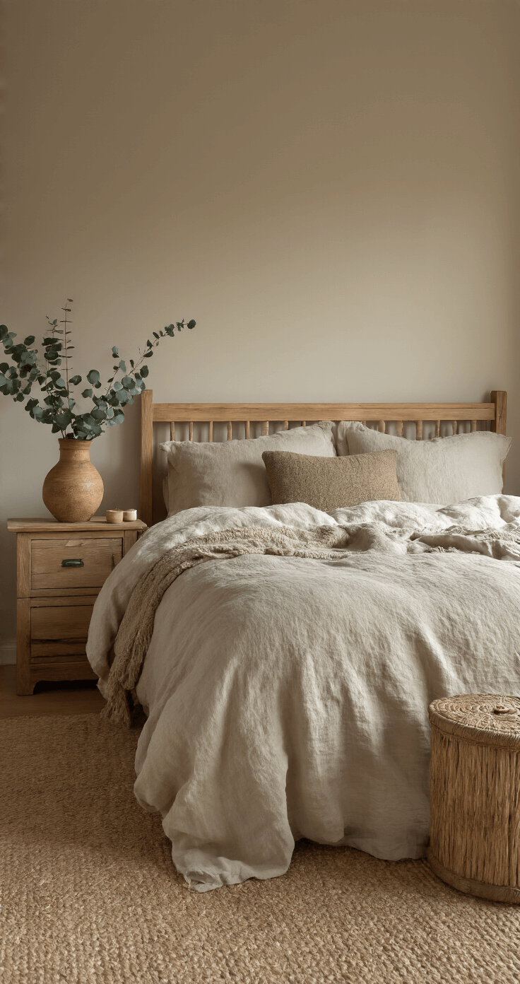 Kerstcadeaus van Natuurlijke Materialen: Duurzaam en Stijlvol Schenken Serene slaapkamer met handgemaakte keramische kandelaars en bijenwas kaarsen in warm avondlicht, massief houten nachtkastje, eikenhouten bed met linnen lakens, gedroogde eucalyptus in rieten vaas, vintage koperen diffuser, jute vloerkleed en wollen deken, sfeervol palet van honing, ivoor en zachte grijs-bruine tinten.
