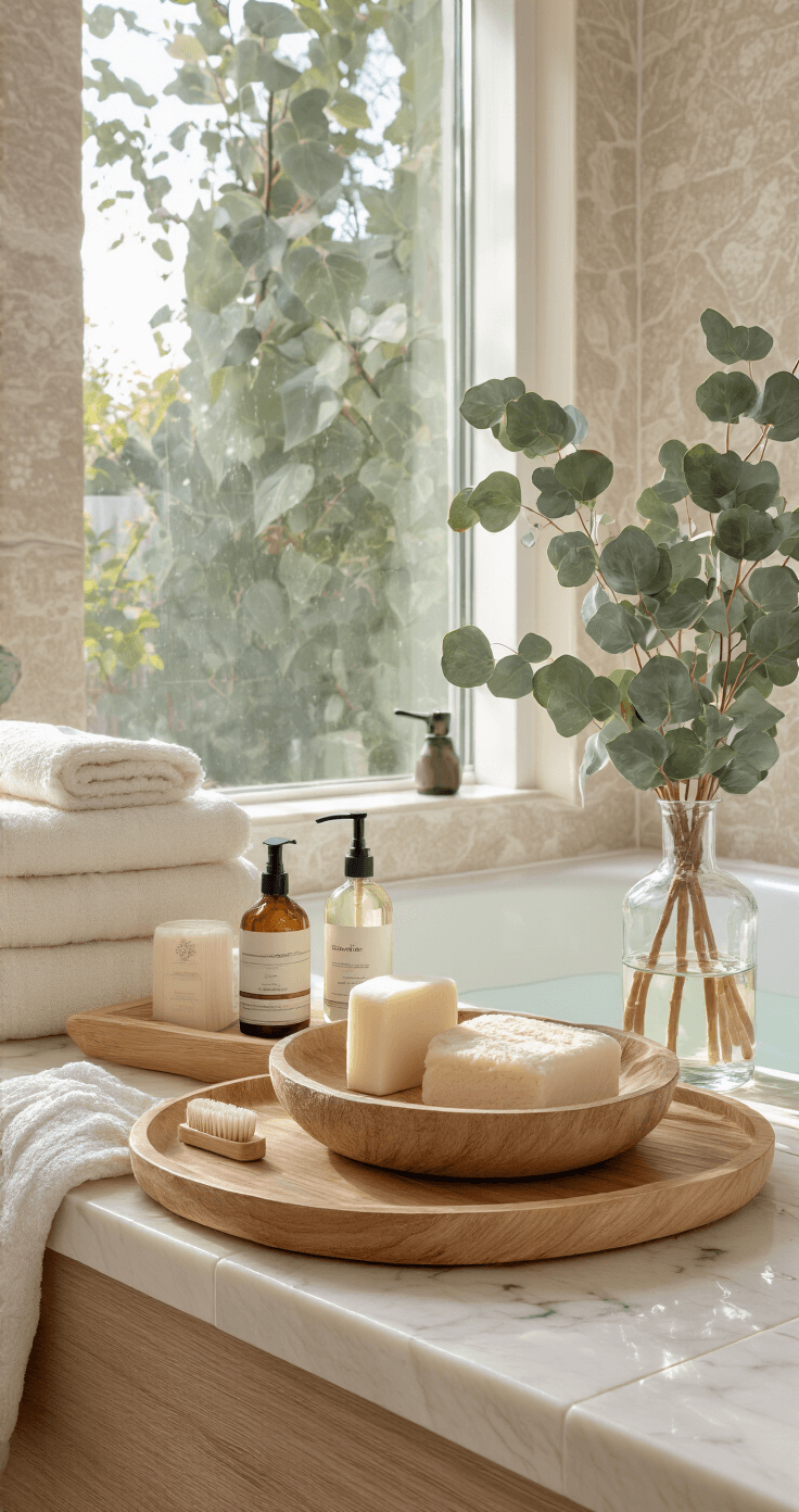 Kerstcadeaus van Natuurlijke Materialen: Duurzaam en Stijlvol Schenken Luxe badkamer in natuurlijk ochtendlicht met marmeren planken, glazen flacons biologische oliën, bamboe tandenborstels, handgemaakte zeep, linnen handdoeken en eucalyptus takken, met natuursteen tegels en een zacht kleurenpalet.