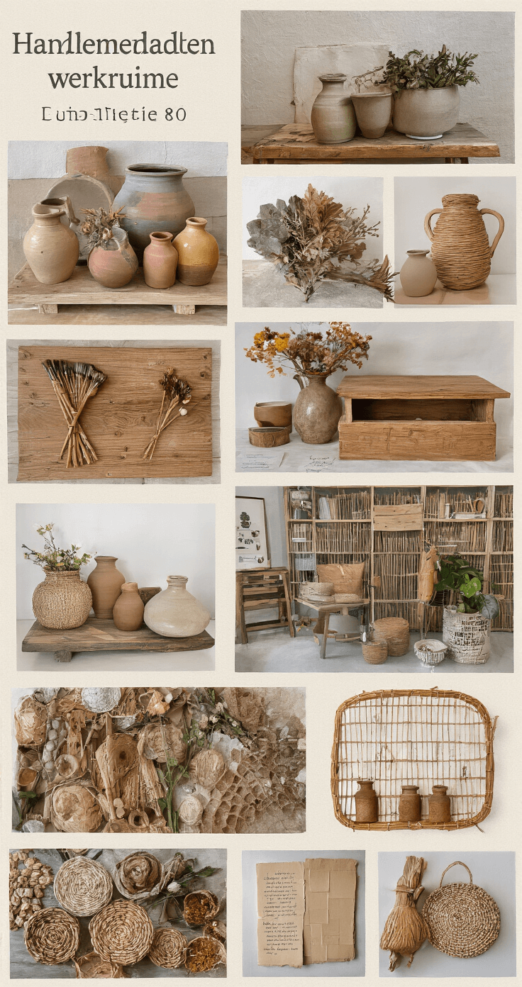Kerstcadeaus van Natuurlijke Materialen: Duurzaam en Stijlvol Schenken Creatieve Nederlandse werkruimte in helder daglicht met handgemaakte kunstobjecten. Een gerecyclede houten werkbank toont handgeschilderde keramische vazen, notitieboekjes, een bijenhotel en natuurlijke materialen, omgeven door een inspirerende werksfeer in aardse tinten.