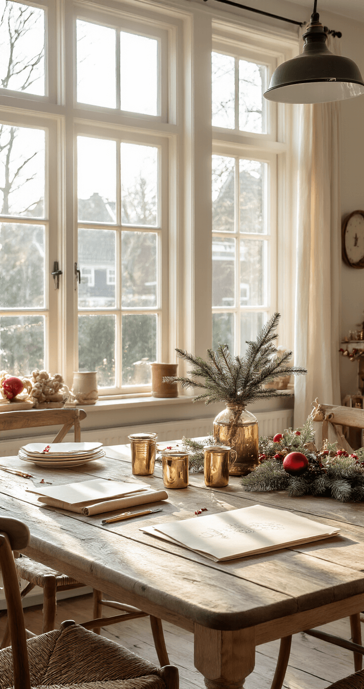 DIY Kerstkaarten Maken: Persoonlijke Feestgroeten met Creativiteit Gezellige Nederlandse woonkamer tijdens het gouden uur, met een rustieke eettafel vol kerstkaart-materialen, zachte middagzon en warme kersttinten.