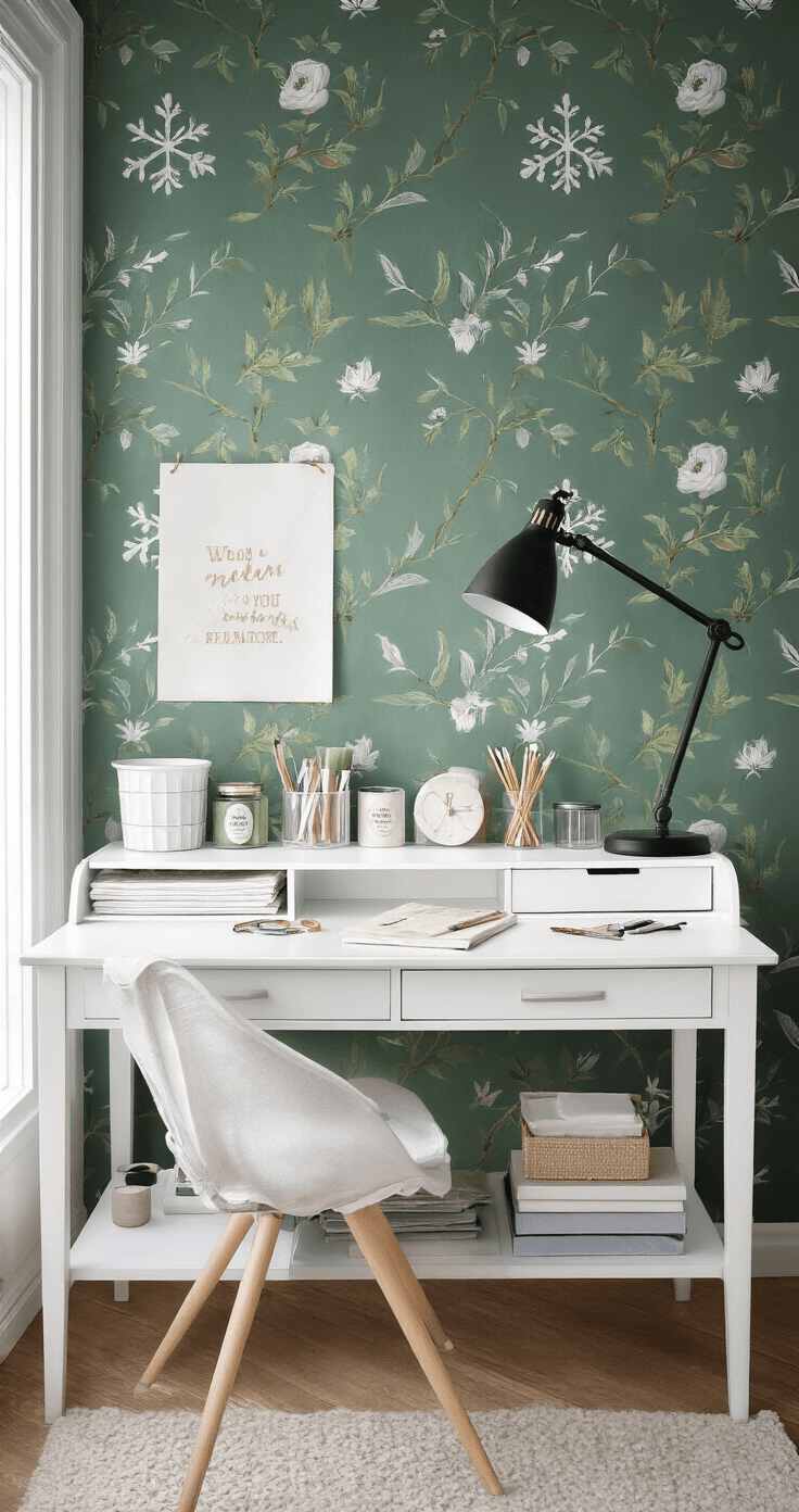 DIY Kerstkaarten Maken: Persoonlijke Feestgroeten met Creativiteit Scandinavisch geïnspireerde studeerkamer met donkergroen behang, wit gelakt bureau en een kerstsfeer. Het bureau is georganiseerd met wit karton, washi tape, aquarelverf en penselen. Een moderne lamp verlicht de werkplek, omringd door kerstkaartvoorbeelden op een prikbord. De serene ruimte heeft een eiken vloer en een klein Perzisch tapijt in blauw-grijze tinten.