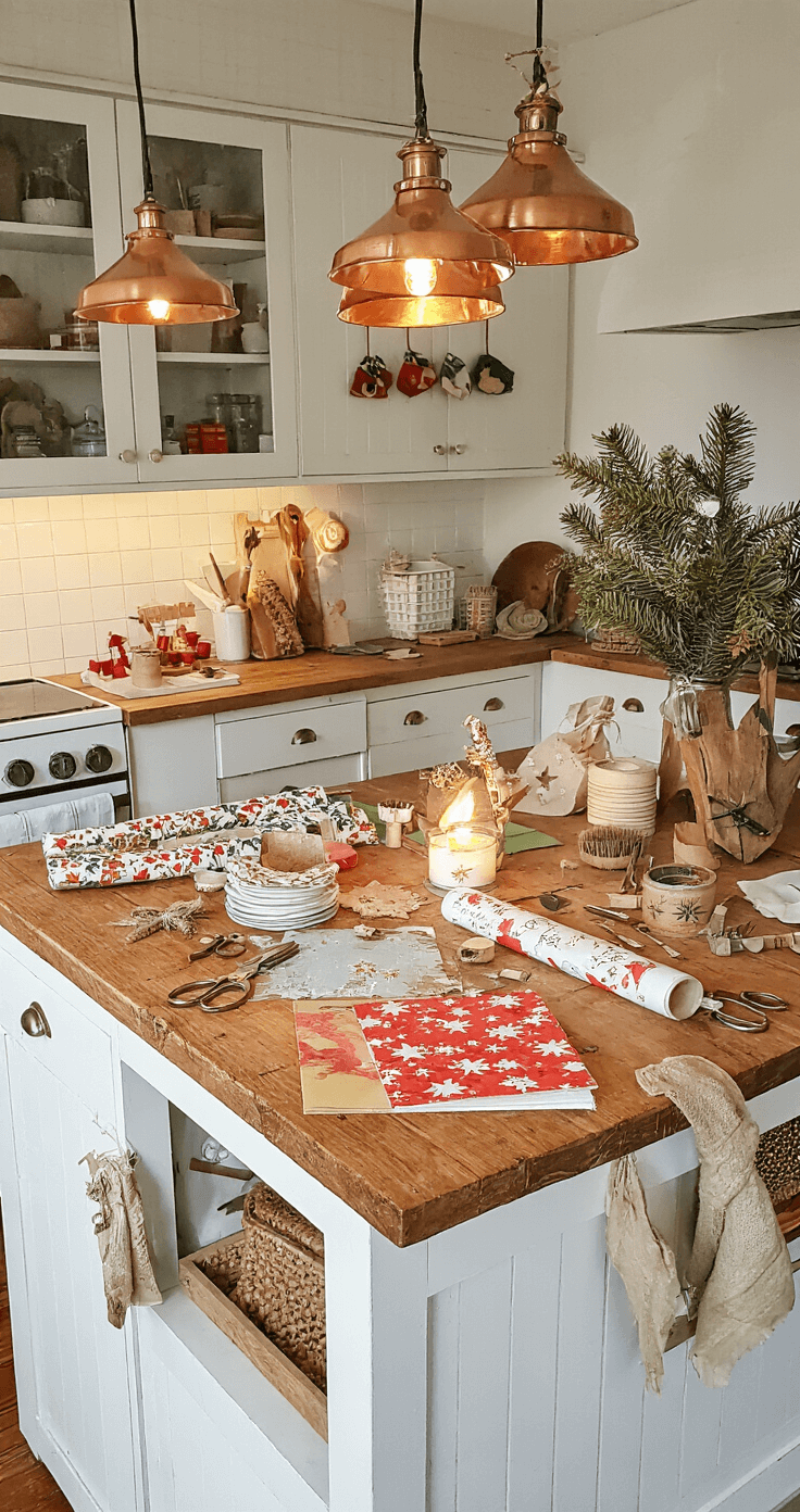 DIY Kerstkaarten Maken: Persoonlijke Feestgroeten met Creativiteit Een sfeervolle rustieke keuken met houten werkblad, ingericht voor een kerstkaart-workshop. Warm licht van koperen lampen verlicht kleurrijk kerstpapier, scharen, lijm, houten stempels en inktkussens. Op de achtergrond witte keukenkastjes en vintage potten met knutselmaterialen, terwijl een grote boerenschaal vol dennentakjes een kerstgeur verspreidt.