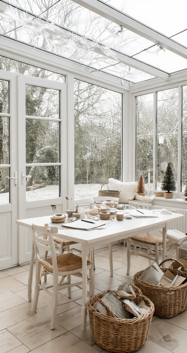 DIY Kerstkaarten Maken: Persoonlijke Feestgroeten met Creativiteit Lichte serre met glazen wanden en een winterse tuin, omgevormd tot een kerstkaart-atelier met daglicht, een witte bistrotafel vol creatieve benodigdheden, stapels handgeschept papier, kalligrafiepenseeltjes, metallic inkt, rieten manden vol gerecycled papier, en smeedijzeren stoelen met mosgroene kussens.