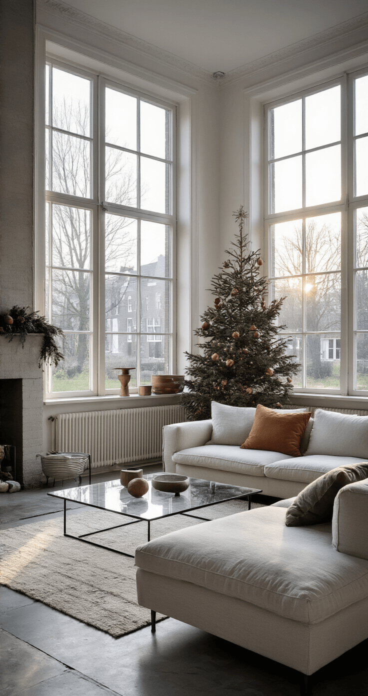 DIY Kerstkaarten Maken: Persoonlijke Feestgroeten met Creativiteit Moderne Nederlandse woonkamer met betonnen vloer en grote ramen, ingericht als tijdelijke kerstkaart-studio met geometrisch kerstpapier, minimalistische materialen en een strakke witte bank.