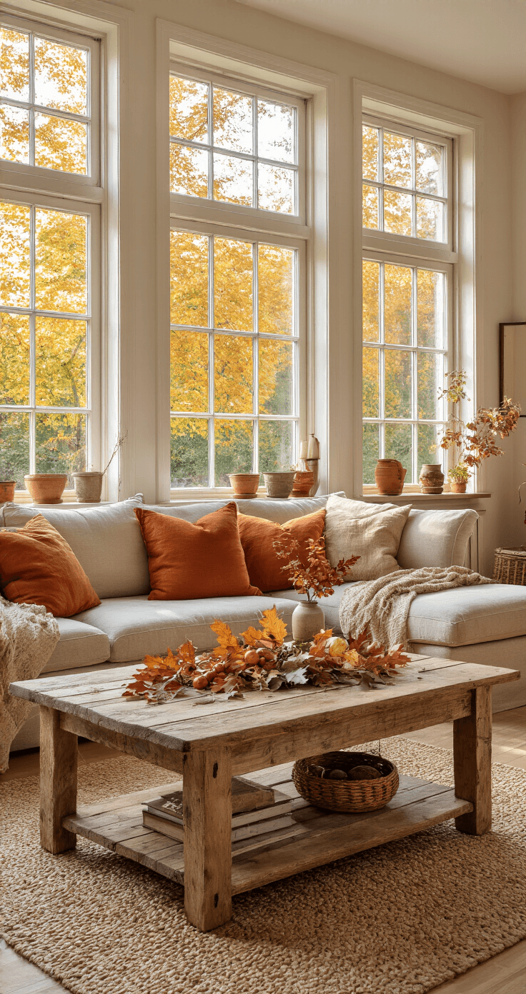 Herfst Knutselen met Peuters: Creatief en Leerzaam Plezier Een gezellige Nederlandse woonkamer met warme herfstzonnestralen, rustieke houten salontafel versierd met natuurmaterialen, een zachte beige bank omringd door manden met knutselspullen en een gevlochten juten tapijt op een donkere eiken vloer.