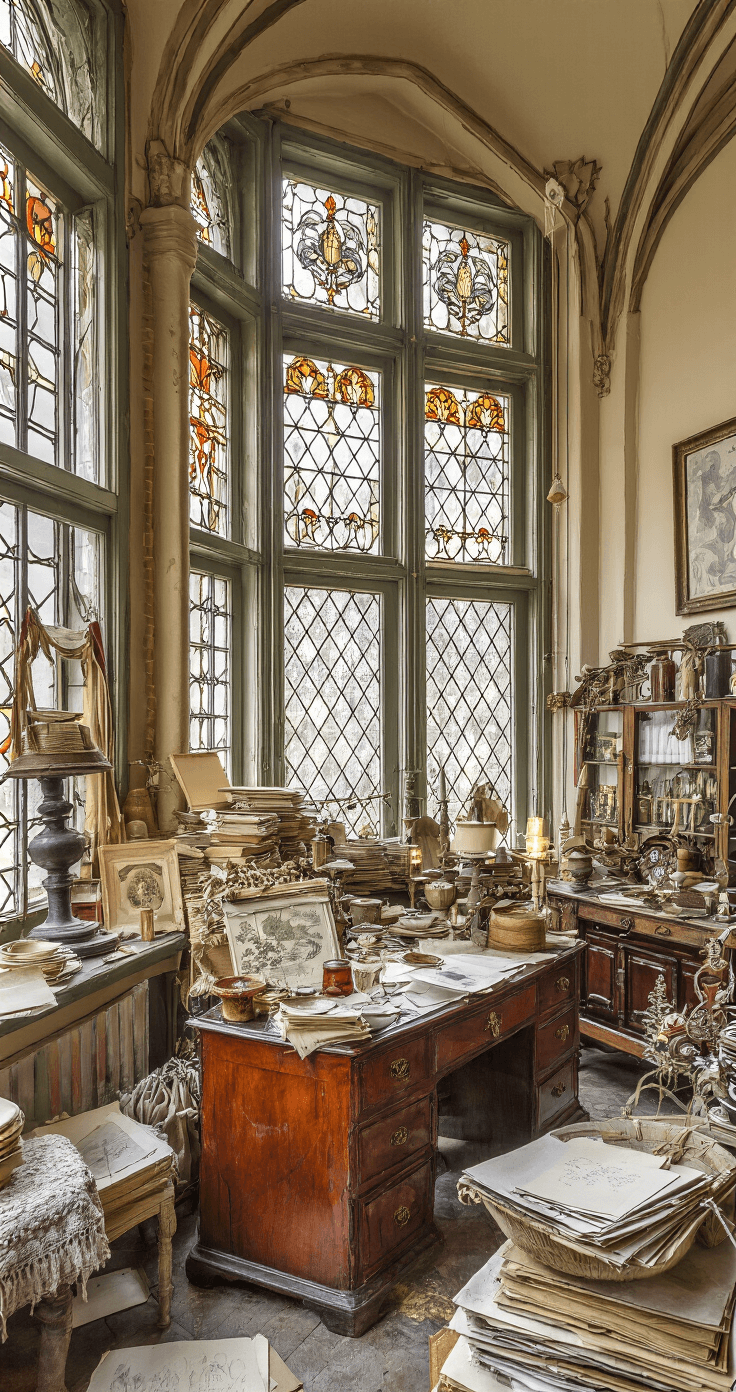 DIY Kerstkaarten Maken: Persoonlijke Feestgroeten met Creativiteit Een vintage Nederlandse salon met hoge plafonds en originele paneeldeuren, ingericht als een nostalgische kerstkaart-werkplaats, verlicht door gouden avondlicht dat door glas-in-loodramen valt. In de ruimte staan antieke meubels, zoals een mahonie secretaire, en zijn kerstkaart-materialen aanwezig zoals handgeschept papier, ganzenveren en gouden lakzegels, omgeven door een rijke Perzische loper en leren fauteuils.