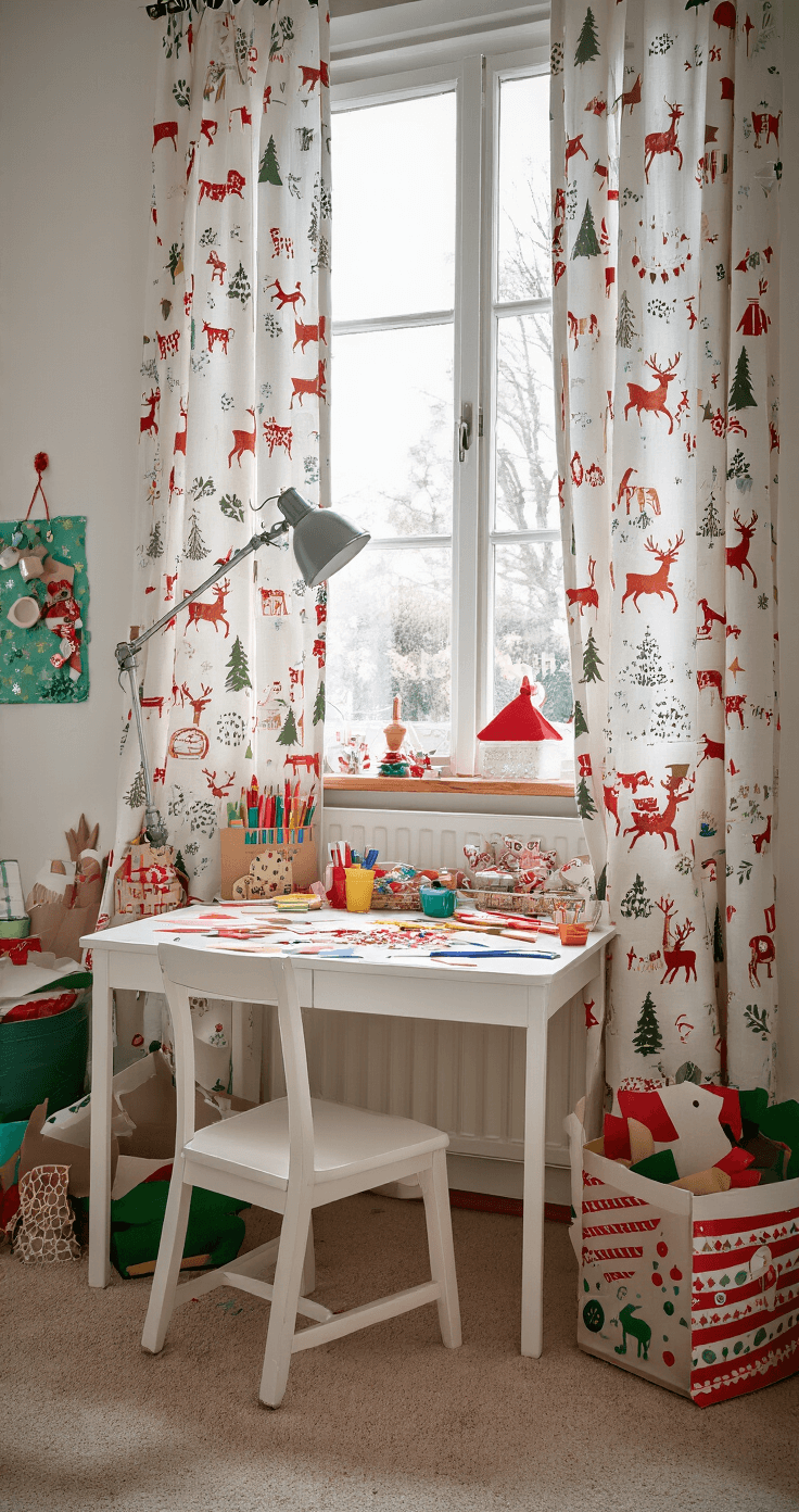 DIY Kerstkaarten Maken: Persoonlijke Feestgroeten met Creativiteit Een kinderkamer omgetoverd tot kerstkaart-werkplaats, met een kleine witte kindertafel vol kleurrijke knutselmaterialen, zoals gekleurde kartonnen vellen en glitterstiften. Helder TL-licht van een bureaulamp mengt met zachte middagzon. Een spelkleed op de vloer en kinderlijke kersttekeningen aan de muur creëren een speelse en veilige sfeer voor creatief knutselen.