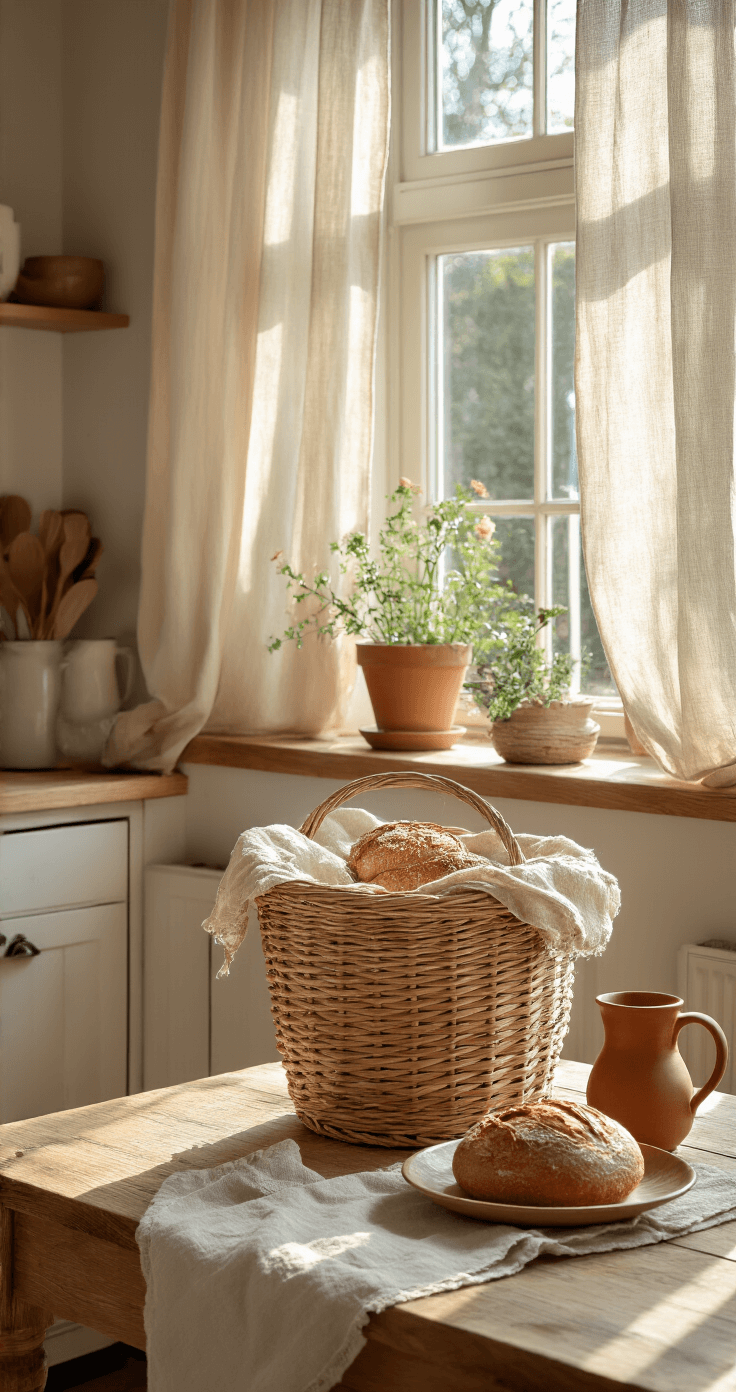 DIY Cadeaumand Maken: De Ultieme Gids voor een Onvergetelijk Cadeau Een warme Nederlandse keuken in ochtendlicht met zonnestralen die door linnen gordijnen filteren, een houten keukentafel met een rieten cadeaumand gevuld met verse koffie, ambachtelijk brood en luxe jam. Een grote aardewerk mok in terra cotta staat naast de mand, alles gefotografeerd vanuit een ooghoogte van 45 graden met zachte schaduwen en een landelijke sfeer.