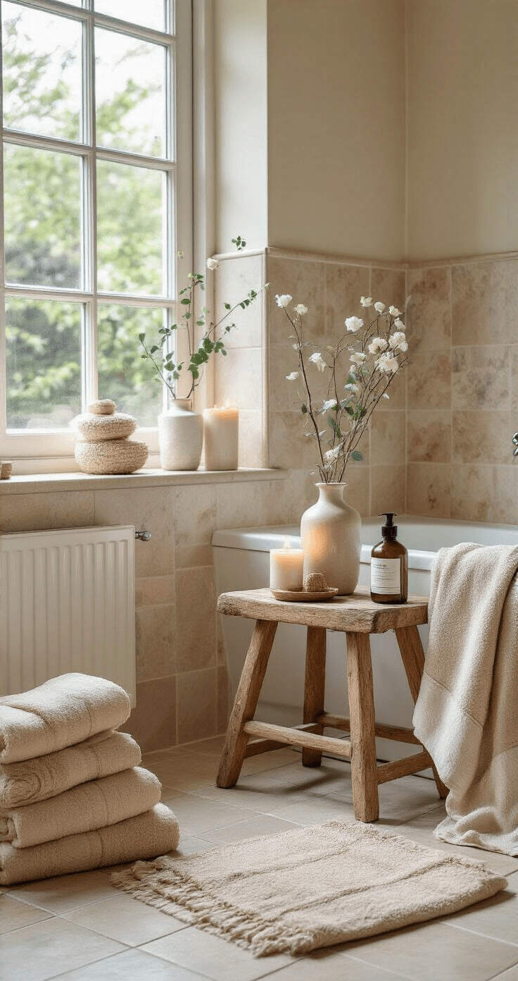DIY Cadeaumand Maken: De Ultieme Gids voor een Onvergetelijk Cadeau Serene badkamer met natuursteen tegels en wit houten accenten, verlicht door middaglicht via matglas ramen. Vintage houten krukje met wellness cadeaumand en zachte handdoeken in linnen beige naast eucalyptus takken, allemaal in een spa-achtige sfeer.