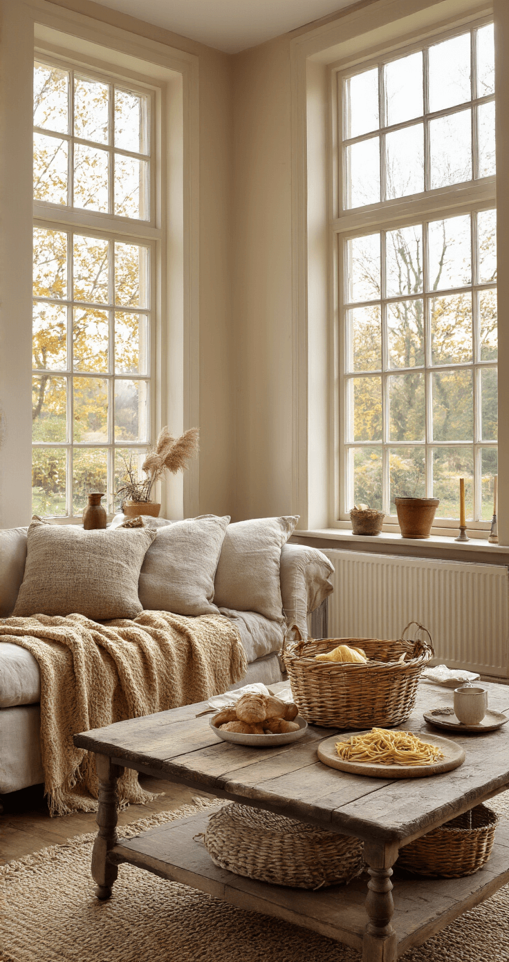 DIY Cadeaumand Maken: De Ultieme Gids voor een Onvergetelijk Cadeau Gezellige woonkamer met donkere houten vloeren en crèmekleurige muren, verlicht door avondlicht. Vintage dienblad met Italiaanse pasta, olijfolie en handgemaakt keukentextiel op salontafel. Zachte plaid over landelijke bank, warme schaduwen en gouden uurtje belichting creëren een uitnodigende sfeer.