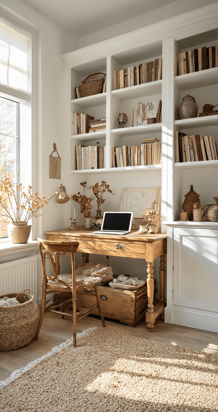 DIY Cadeaumand Maken: De Ultieme Gids voor een Onvergetelijk Cadeau Een lichte studeerkamer met witte boekenkast en eiken bureau, verlicht door vroege ochtendzon met dramatische lichtstrepen. Een houten kistje gevuld met hobbygerelateerde items en persoonlijke decoraties, omringd door herfstbruinen en goudgeel seizoensdecoratie. Een handgeschreven kaart ligt naast een vintage inktpot. Shot vanuit een schuine hoek voor een editorial uitstraling, met helder, contrastrijk licht dat details benadrukt in een georganiseerde en warme sfeer.