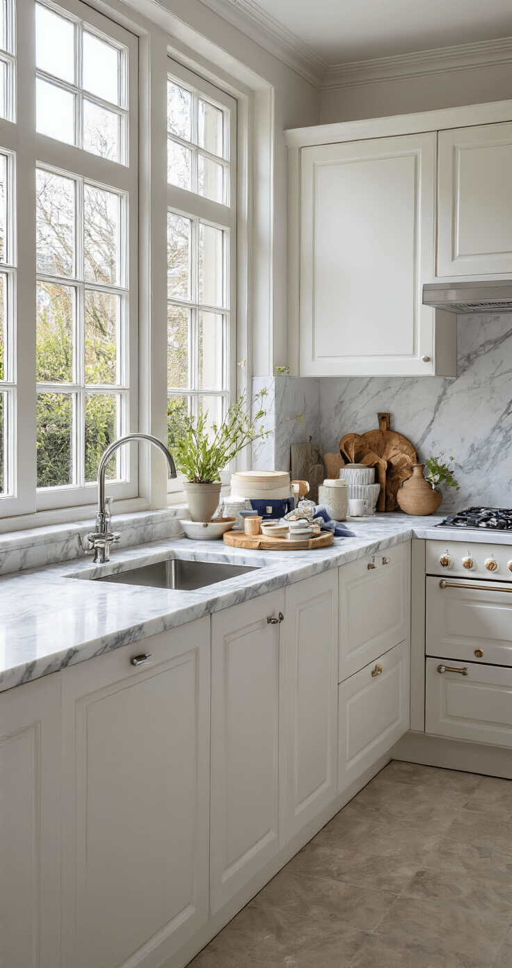DIY Cadeaumand Maken: De Ultieme Gids voor een Onvergetelijk Cadeau Moderne Nederlandse keuken met witte kasten en marmeren werkbladen, verlicht door middaglicht. Een strategisch ingepakte cadeaumand met zware items achterin en kleine verrassingen vooraan, versierd met navy blauwe en gouden linten, en pastelkleurig zijdepapier als basis. Gezichtspunt op werkbladhoogte met heldere, gelijkmatige belichting.