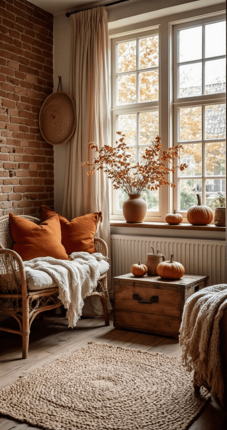 DIY Cadeaumand Maken: De Ultieme Gids voor een Onvergetelijk Cadeau Een knusse Nederlandse zitkamer met bakstenen muren, vintage meubels en schemerig licht. Een oude houten kist met een seizoensgebonden cadeaumand en herfstdecoratie, omringd door warme kleuren en natuurlijke materialen. Zachte wollen dekens en een nostalgische sfeer maken het geheel af.