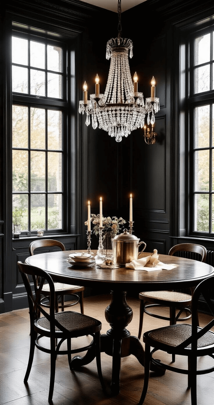 DIY Cadeaumand Maken: De Ultieme Gids voor een Onvergetelijk Cadeau Een elegante eetkamer met donkere lambrisering en een kristallen kroonluchter, verlicht door avondlicht dat lange schaduwen werpt. Op een gepolijste mahonie tafel staat een luxe cadeaumand in een vintage metalen emmer, omgeven door een mix van dure en betaalbare items. Zijden linten en een handgeschreven kaart completeren de presentatie, met een symmetrische compositie en dramatische belichting.