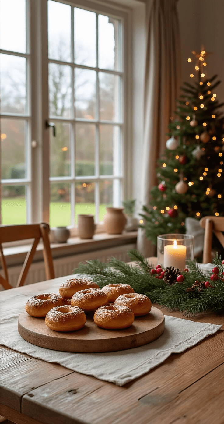 Kerstmagie op je Bord: Onweerstaanbare Kersthapjes die Iedereen Zullen Bekoren Warme Nederlandse eetkamer met kerstdecoraties, een rustieke eettafel met een grote houten serveerplank vol rendier pretzels. Zacht daglicht valt door een groot raam en accentueert de houten meubels en warme kleuren.