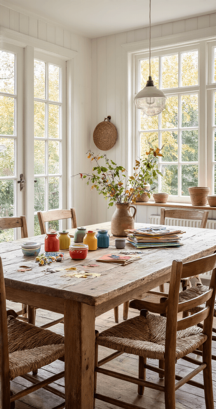 Herfst Knutselen met Peuters: Creatief en Leerzaam Plezier Intieme eetkamer vanuit vogelperspectief met een grote houten farmhouse tafel vol ambachtelijk knutselmateriaal in herfstkleuren, omringd door vintage houten stoelen. Warme pompoenoranje muren en koperkleurige lamp creëren een sfeervolle ambiance.