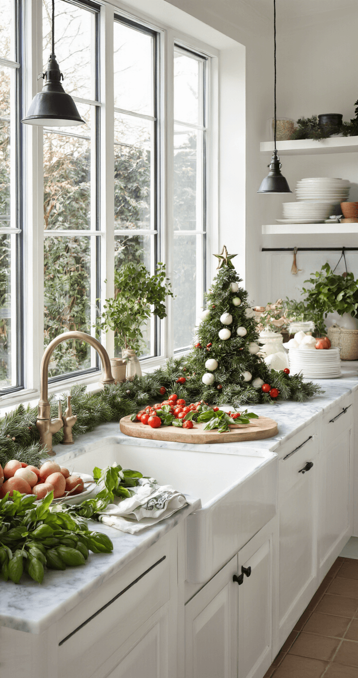 Kerstmagie op je Bord: Onweerstaanbare Kersthapjes die Iedereen Zullen Bekoren Moderne Nederlandse keuken met marmeren werkblad, Caprese kerstboom torentjes van kerstomaatjes, mozzarella en basilicum, verlicht door natuurlijk licht. Minimalistische styling met witte keukenkastjes en subtiele kerstdecoraties.