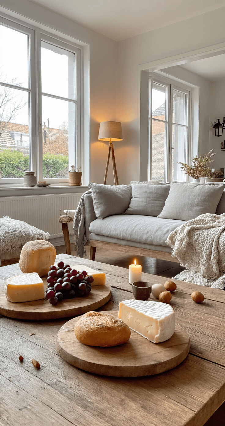 Kerstmagie op je Bord: Onweerstaanbare Kersthapjes die Iedereen Zullen Bekoren Gezellige Nederlandse woonkamer met een lage salontafel, een uitgebreide kaasplank met verschillende kaassoorten, paarse druiven, gedroogde cranberry's en gouden noten. Warme avondverlichting van tafellampen en kaarsen zorgt voor een intieme sfeer, met een zachte grijze bank en een crèmekleurige wollen plaid op de achtergrond.