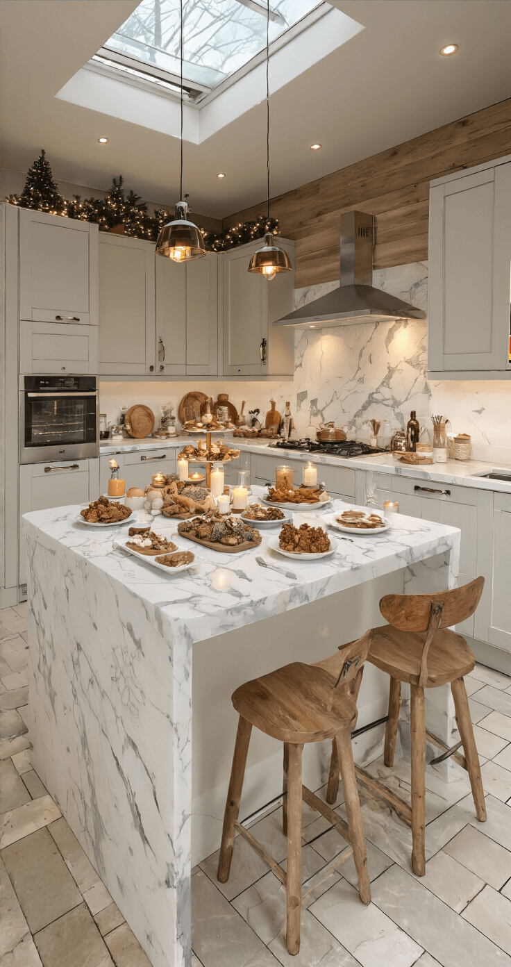 Kerstmagie op je Bord: Onweerstaanbare Kersthapjes die Iedereen Zullen Bekoren Moderne Nederlandse keuken met een wit marmeren eiland, decoratieve plateaus met kersthapjes op verschillende hoogtes, glazen standaards en keramische schalen, verlicht door daglicht en LED-strips, met witte hoogglans keukenkastjes en warme eiken details.