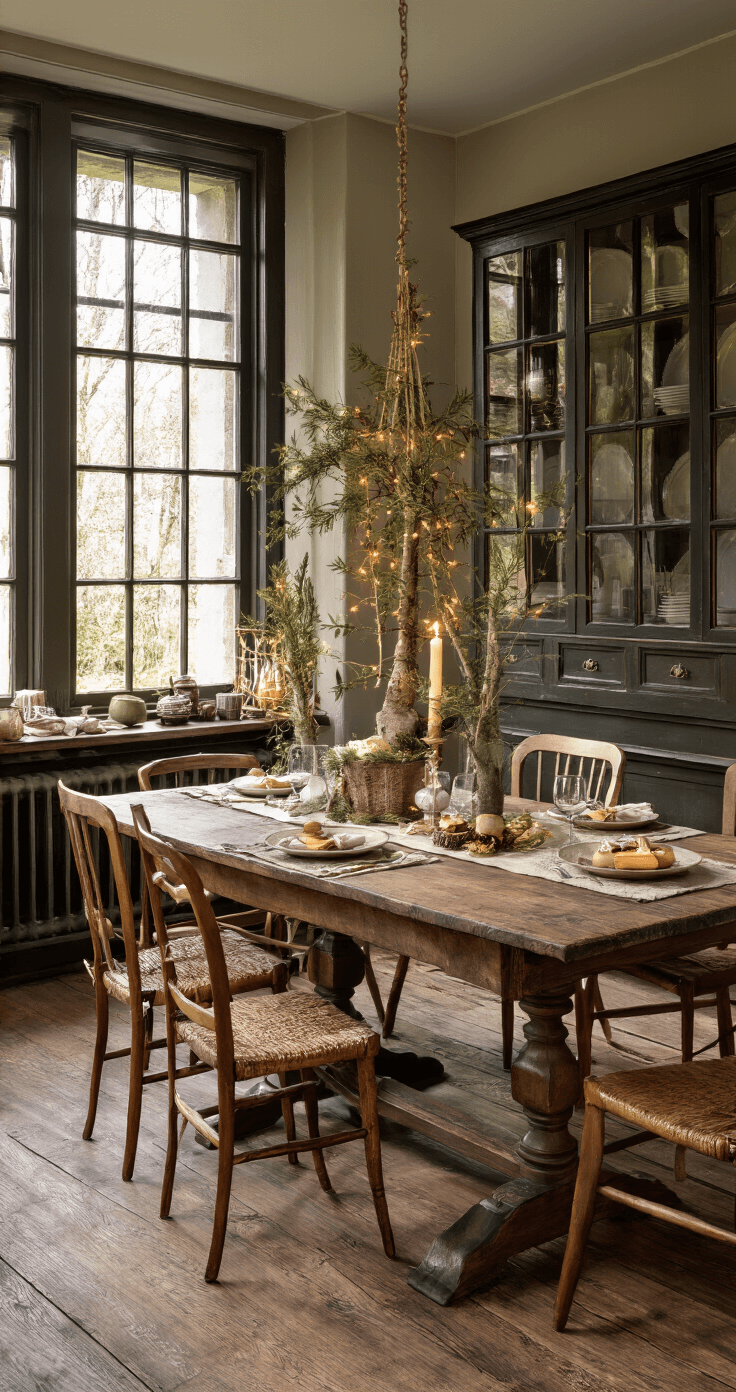 Kerstmagie op je Bord: Onweerstaanbare Kersthapjes die Iedereen Zullen Bekoren Traditionele Nederlandse eetkamer met antieke eettafel, kersthapjes tussen takken, gouden verlichting en Delftsblauw accenten, in warme kleuren en nostalgische sfeer.