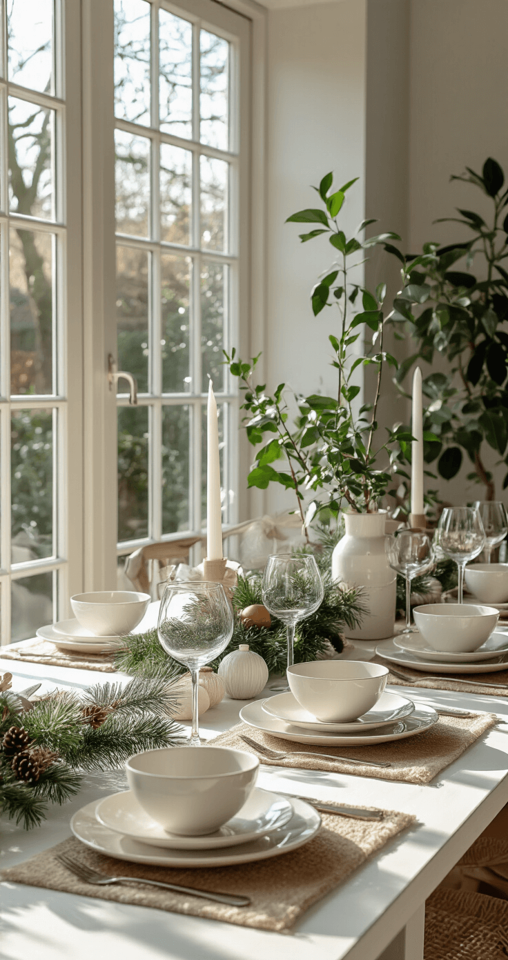 Kerstmagie op je Bord: Onweerstaanbare Kersthapjes die Iedereen Zullen Bekoren Lichte serre met glazen wanden, witte tafel voor kerstfotografie, kleurrijke kersthapjes met zachte belichting, diverse servies, groene planten, minimalistische styling en Instagram-waardige uitstraling.