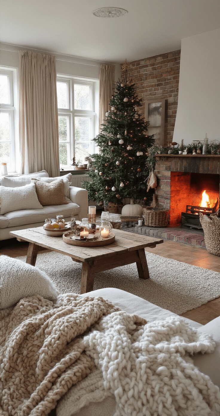 Kerstmagie op je Bord: Onweerstaanbare Kersthapjes die Iedereen Zullen Bekoren Gezellige Nederlandse huiskamer met open haard, lage koffietafel vol kersthapjes, mason jars, en warme verlichting, creëert een intieme sfeer met natuurlijke kleuren en comfortabele meubels.