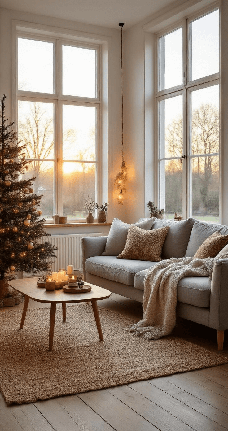 DIY Kerstverlichting: Creëer een Magische Sfeer in Je Huis Gezellige Nederlandse woonkamer met een lichtgrijze bank, houten salontafel met een handgemaakte kerstster, Scandinavische kerstboom, en een warme zonsondergang die door grote ramen valt, alles in een intieme hygge-sfeer.