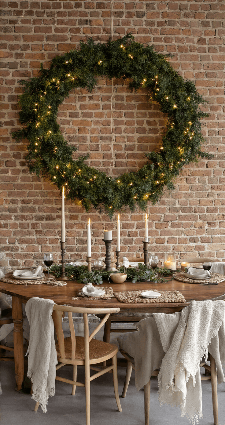 DIY Kerstverlichting: Creëer een Magische Sfeer in Je Huis Rustieke eetkamer met massief eiken tafel en linnen stoelen, verlicht door een mix van kaarslicht en LED-verlichting. Centraal een kerstdecoratie van mos en LED-snoeren, met vintage kandelaars en eucalyptus. Bakstenen muur en industriële hanglampen vormen de achtergrond. Overhead shot met dramatische schaduwen, sfeervolle ambiance.