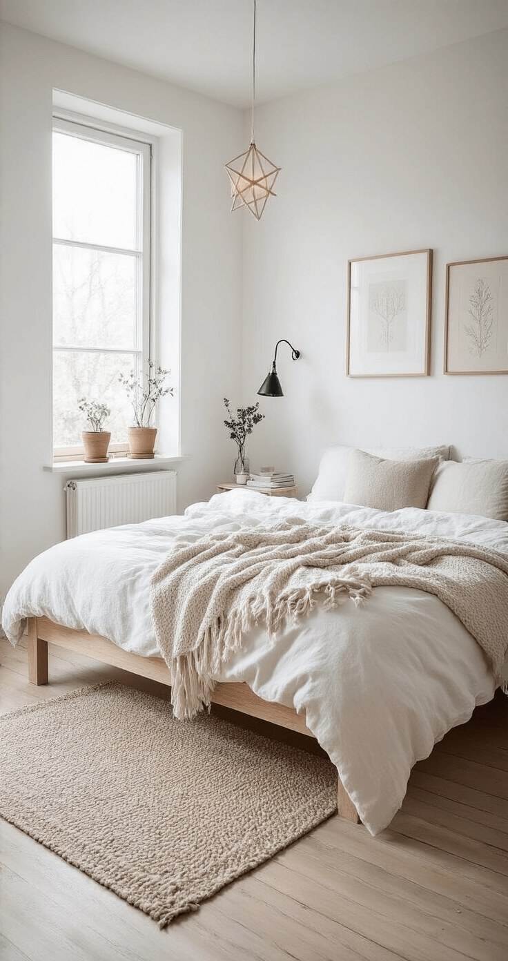 DIY Kerstverlichting: Creëer een Magische Sfeer in Je Huis Sfeervolle slaapkamer in Scandinavische stijl met een natuurlijk houten bed, wit linnen beddengoed, en een DIY kerstster met draadverlichting boven het hoofdeinde. Lichte berken vloeren en minimalistische nachtkastjes met zwarte lampen. Serene sfeer met kleine potplanten op de vensterbank en kunstwerken in natuurlijke lijsten.