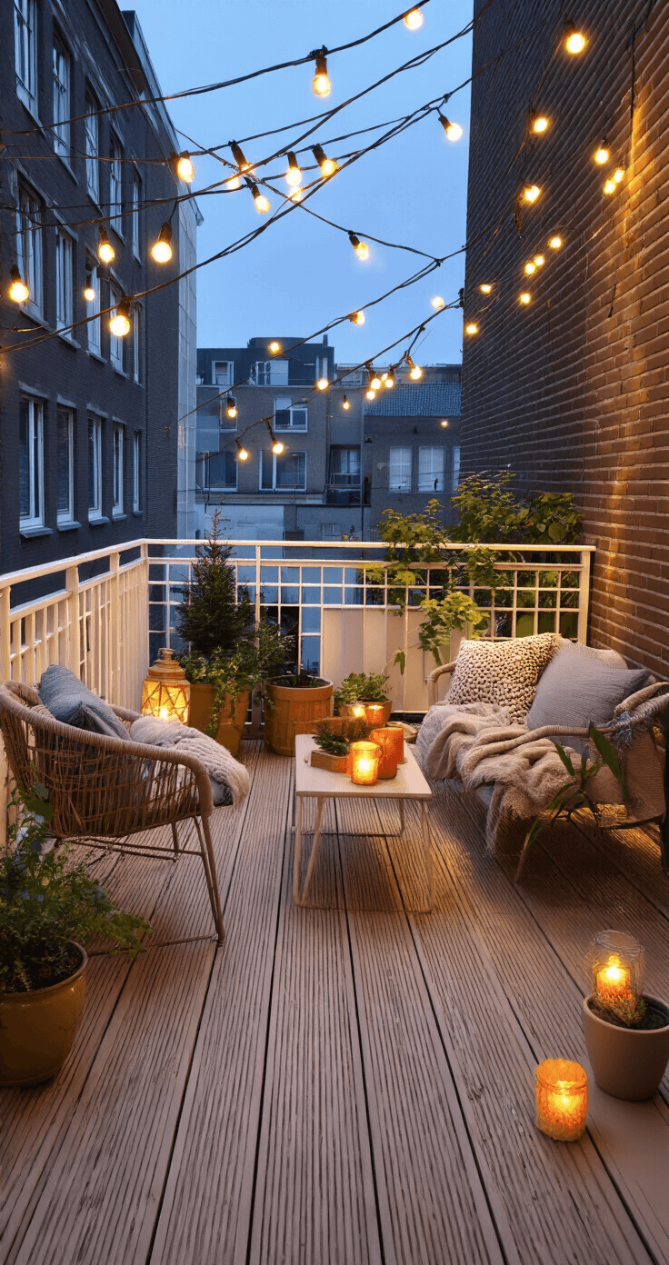 DIY Kerstverlichting: Creëer een Magische Sfeer in Je Huis Moderne balkon met houten planken vloer en witte metalen balustrade versierd met DIY kerstverlichting, rotan loungestoelen met kussens, bijzettafel met warme drank, lantaarns, groene planten in terracotta potten, en string lights, vastgelegd tijdens het blauwe uur met stadsverlichting op de achtergrond.