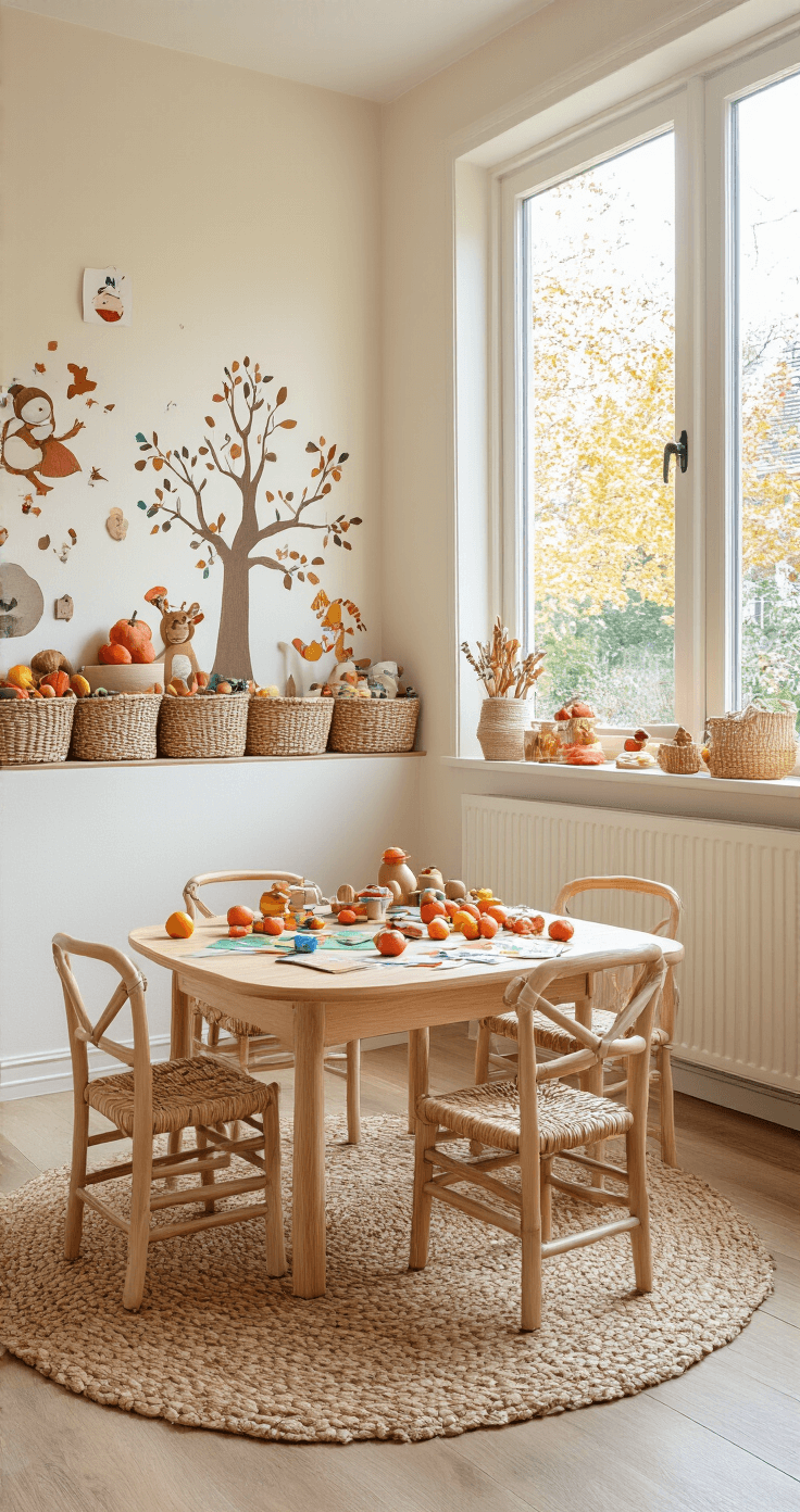 Herfst Knutselen met Peuters: Creatief en Leerzaam Plezier Speelse kinderkamer met houten tafeltje, rotanstoeltjes en creatieve chaos van knutselmaterialen, zachte jute speelmat en handgeschilderde herfstboom op warme crème muren.