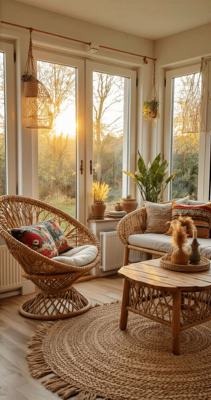 DIY Kerstverlichting: Creëer een Magische Sfeer in Je Huis Bohemian woonkamer hoek met open ramen naar de tuin, macramé wandhangingen, rotan peacock chair met kleurrijke kussens, lage houten salontafel met natuurlijke kerstdecoraties, handgewoven tapijten in aardetinten, DIY verlichting in plantenhangers, gedroogde pampas grass, vintage boeken en koperen accessoires, in warme amber en gouden tinten tijdens golden hour.