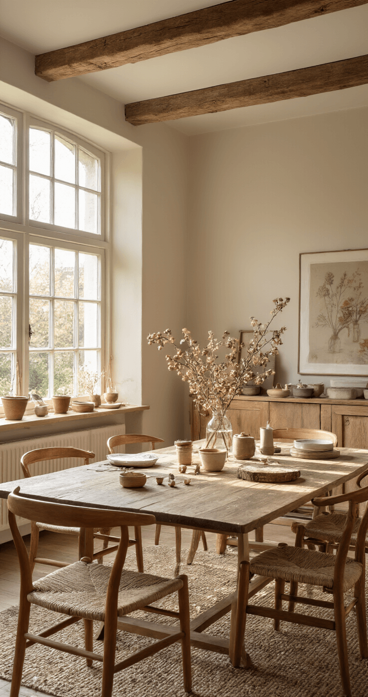 DIY Kerstornamenten van Hout: Je Eigen Feestelijke Decoratie Maken Een gezellige Nederlandse woonkamer met een grote eettafel vol houten kerstornamenten, ijsstokjes, houten kralen en verfbenodigdheden, verlicht door warme ochtendzon en rustieke houten balken aan het plafond.