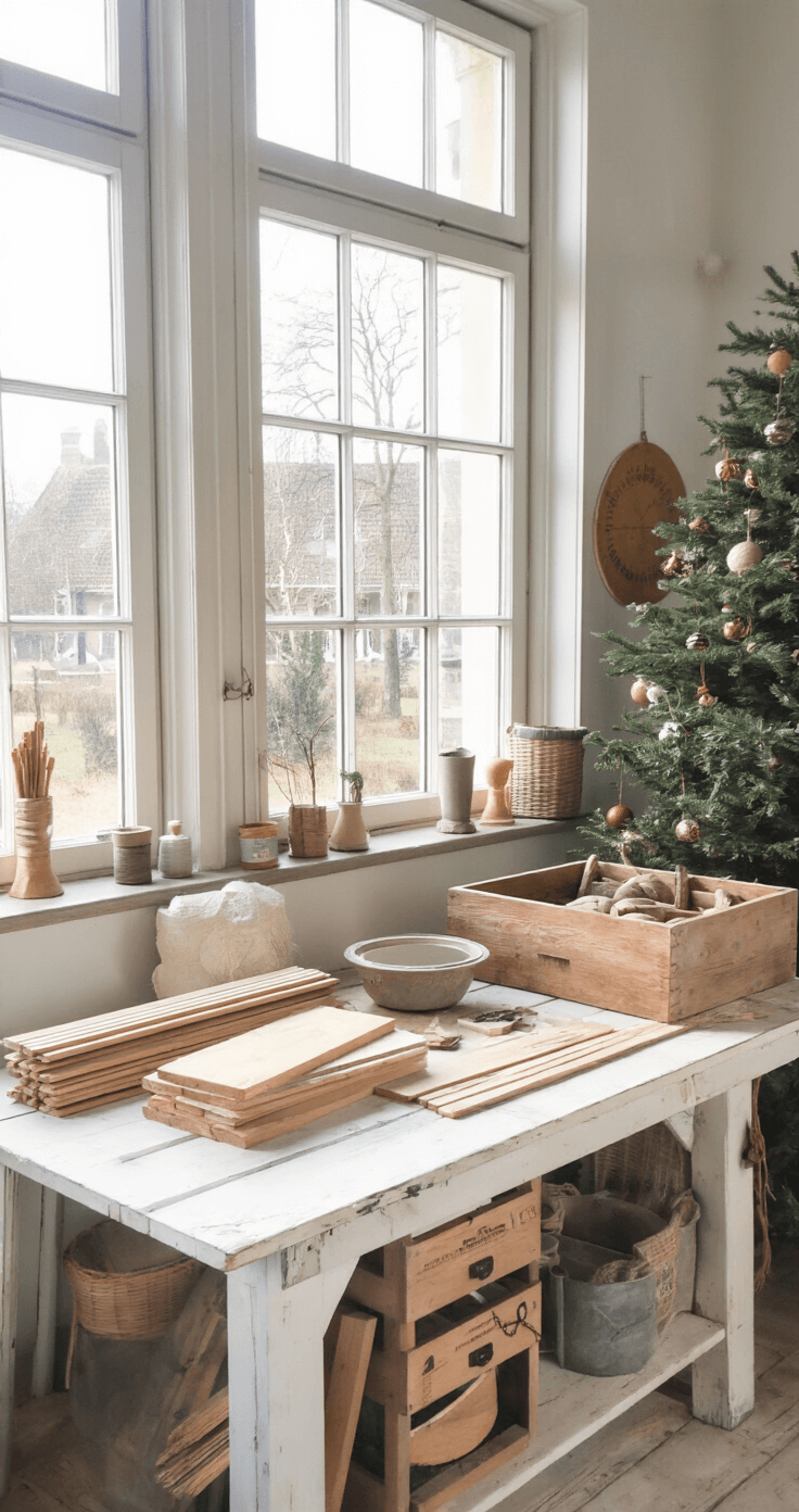 DIY Kerstornamenten van Hout: Je Eigen Feestelijke Decoratie Maken Een lichte werkruimte met grote ramen, gevuld met houten materialen en vintage gereedschap, gefotografeerd tijdens het gouden uur.