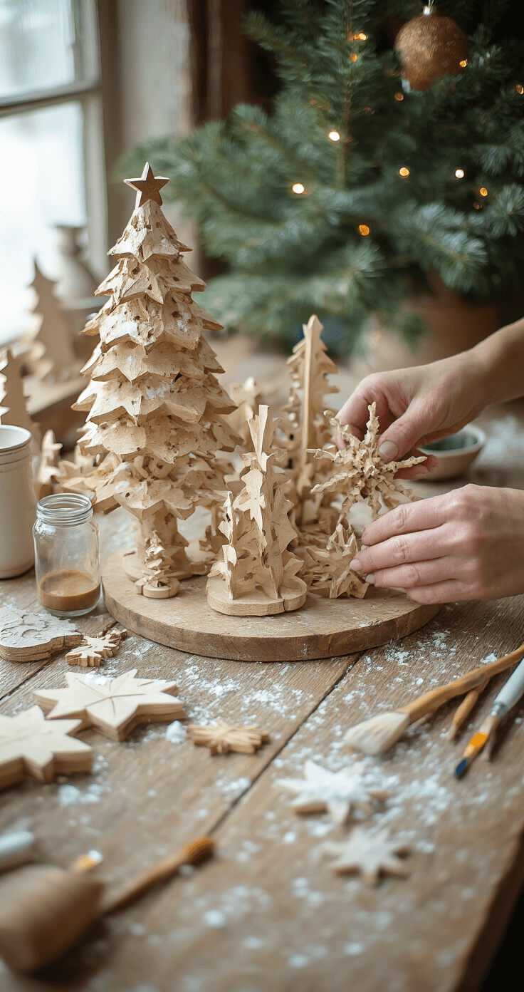 DIY Kerstornamenten van Hout: Je Eigen Feestelijke Decoratie Maken Intieme close-up van handen die houten kerstornamenten aan het lijmen zijn, met een rustieke houten tafel en materialen zoals ijsstokjes, houtlijm en verf. Zacht diffuus licht valt van linksboven.
