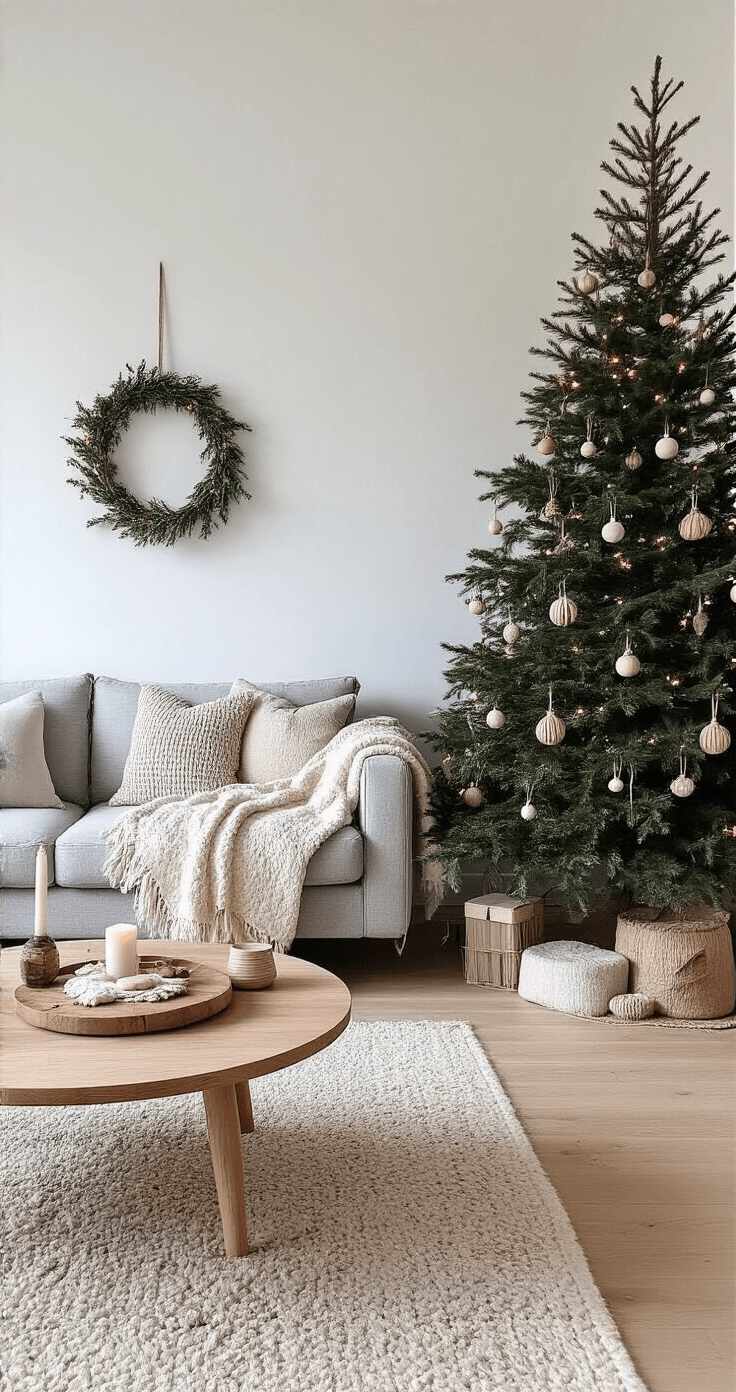 DIY Kerstornamenten van Hout: Je Eigen Feestelijke Decoratie Maken Een stijlvolle Scandinavische woonkamer met een grote spar kerstboom, versierd met houten ornamenten, lichtgrijze bank en warme verlichting. Door het raam is een besneeuwd landschap zichtbaar.