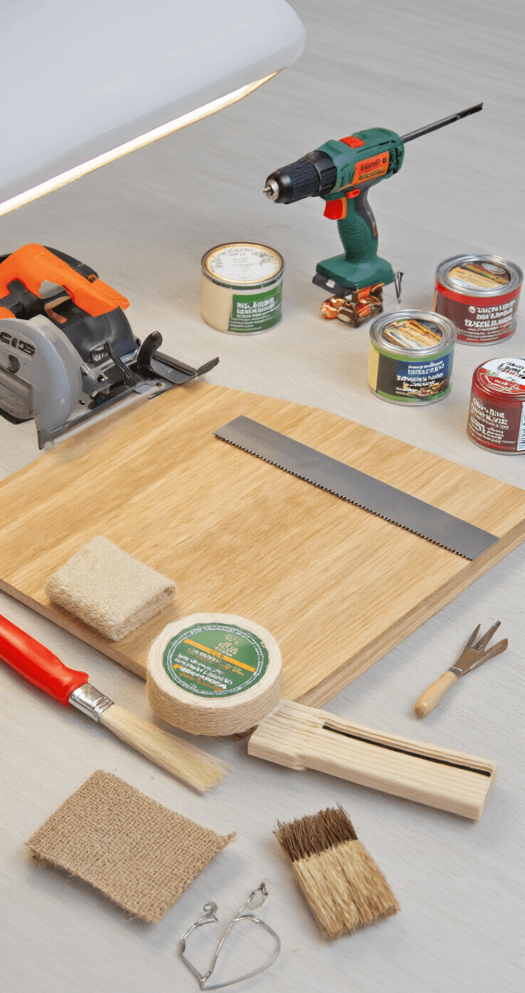 DIY Kerstornamenten van Hout: Je Eigen Feestelijke Decoratie Maken Close-up van een georganiseerde werkbank met gereedschappen voor het maken van houten kerstornamenten, waaronder een handzaag, schuurpapier, houtlijm, verfkwasten, jute touw en kleine schaartjes, allemaal op een lichte bamboe snijplank.