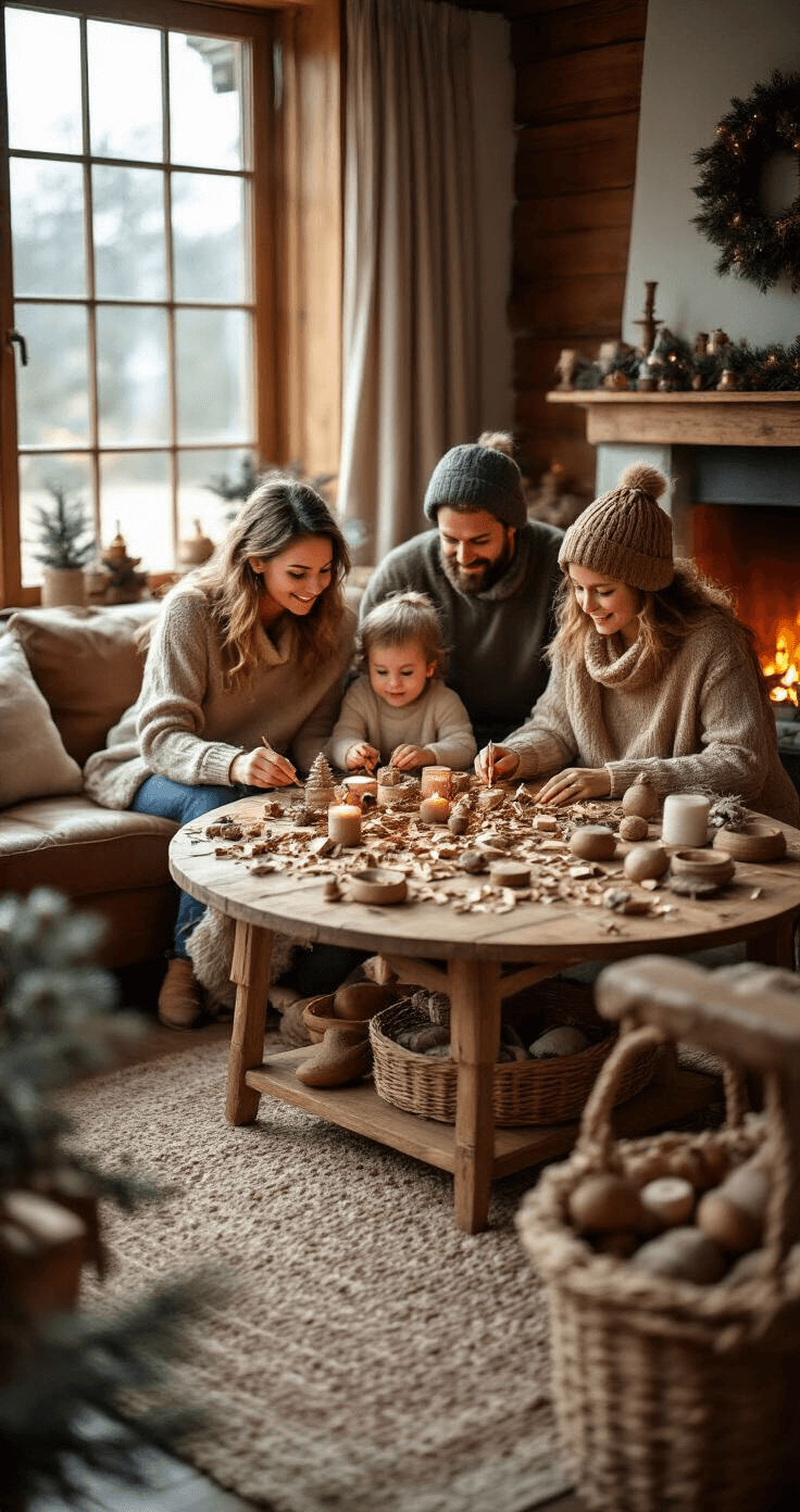 DIY Kerstornamenten van Hout: Je Eigen Feestelijke Decoratie Maken Een warme huiskamer tijdens kerstavond met een familie die houten ornamenten maakt rond een salontafel, verlicht door zachte lampen en het flikkerende vuur van de open haard. De tafel is bedekt met houtsnippers, verf en halfvoltooide ornamenten, terwijl een mand vol geslaagde creaties klaarstaat. Achtergrond met een kerstboom vol warm witte lichtjes, en een rustieke inrichting in diepe aardse tinten en natuurlijke houtskleuren.