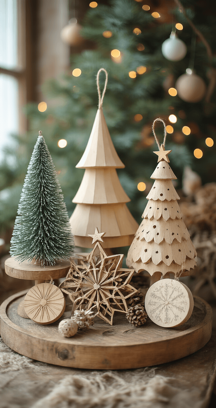 DIY Kerstornamenten van Hout: Je Eigen Feestelijke Decoratie Maken Artistiek stilleven van houten kerstornamenten op een vintage dienblad, met geometrische sterren, kerstbomen en ronde schijfjes in natuurlijke houtkleur en cremewit, vergezeld van jutetouwtjes, een zachte bokeh achtergrond van kerstverlichting, en decoratieve elementen zoals dennentakjes en kaneelstokjes.