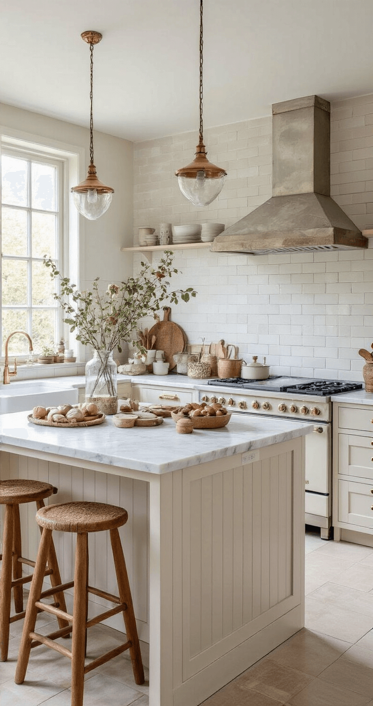 Herfst Knutselen met Peuters: Creatief en Leerzaam Plezier Interieur van een Nederlandse open keuken met een groot kookeiland, vastgelegd vanuit de woonkamer tijdens het gouden uur. Het witmarmeren werkblad toont georganiseerde knutselmaterialen, omringd door Shaker-stijl keukenkastjes in warm wit met koperen details. Houten krukken met leren zittingen staan langs het eiland, terwijl een zachte terracotta bakstenen achterwand en industriële hanglampen de ruimte accentueren. De donkere houten vloer en warme kleuren creëren een landelijke maar moderne uitstraling.