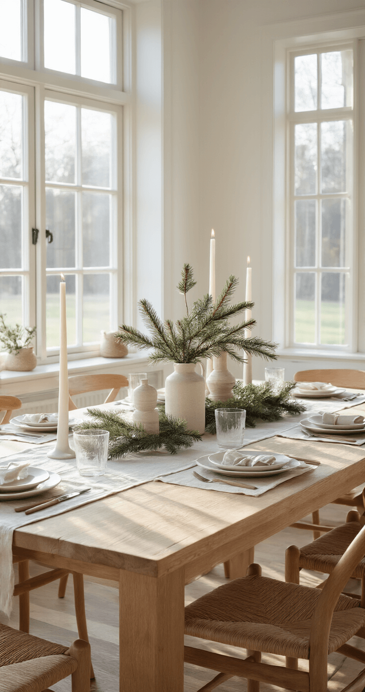 Kersttafeldecoratie 2025: Creëer een Betoverende Winterse Sfeer Een stijlvolle eetkamer met een grote eikenhouten tafel gedekt voor acht personen in Scandinavische winterstijl, met gouden zonlicht, kaarsen, dennentakken en elegante servies.