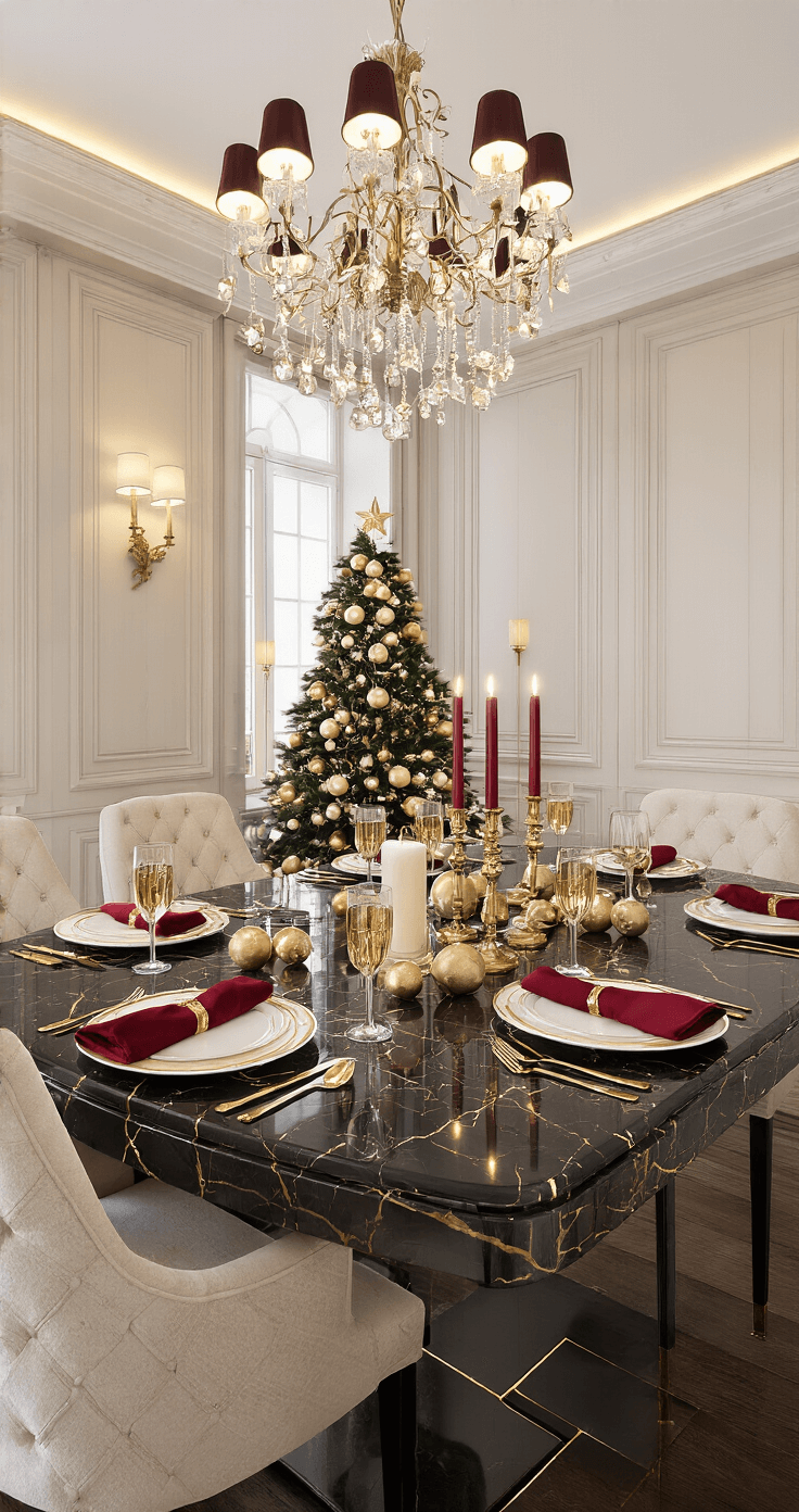 Kersttafeldecoratie 2025: Creëer een Betoverende Winterse Sfeer Luxueuze eetkamer met mahoniehout lambrisering, verlicht door kaarslicht en plafondverlichting. Glanzende zwarte marmeren tafel met gouden aders, gedrapeerd met diepgouden tafelloper. Elegante gouden kandelaars, champagnekleurige kaarsen, witte orchideeën en goudbestoven dennentakjes als centerpiece. Bordeauxrode fluwelen servetten en gouden bestek. Dramatische schaduwen creëren een opulente, feestelijke sfeer.