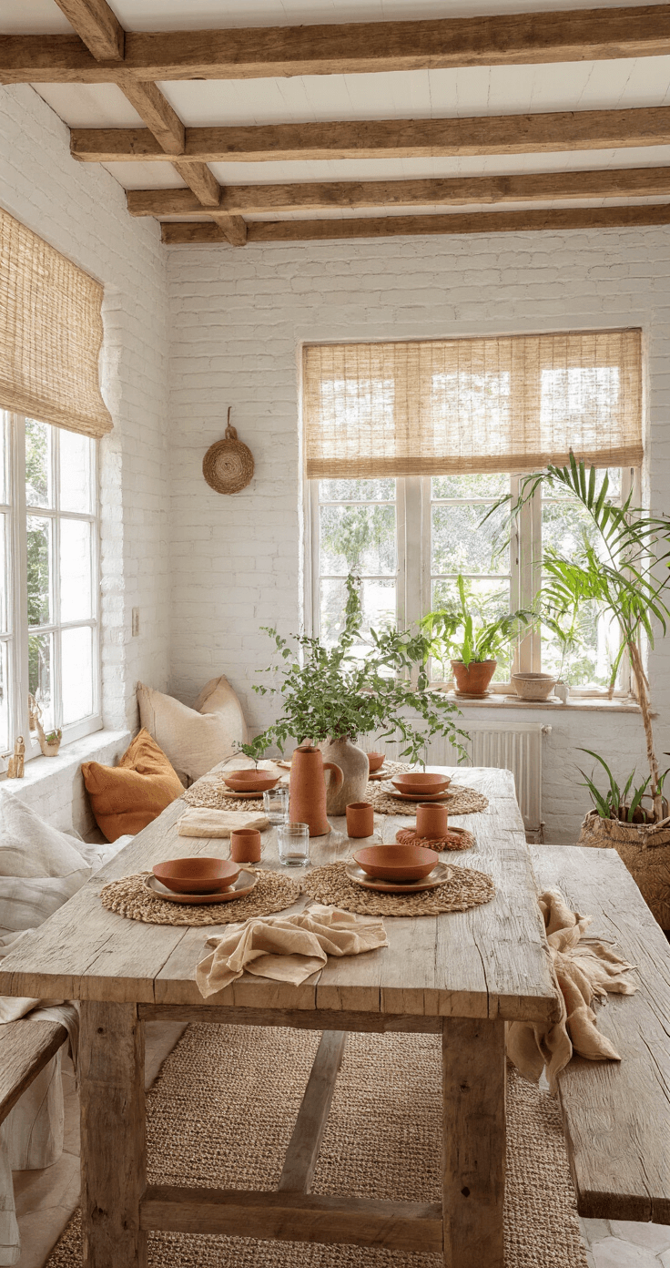 Kersttafeldecoratie 2025: Creëer een Betoverende Winterse Sfeer Gezellige bohemian eetkamer met witgekalkte muren, rustieke houten balken, een eucalyptustafel met jute tafelloper, terracotta borden op rieten placemats, en natuurlijke decoraties zoals gedroogde pampasgrass en kaarsen.