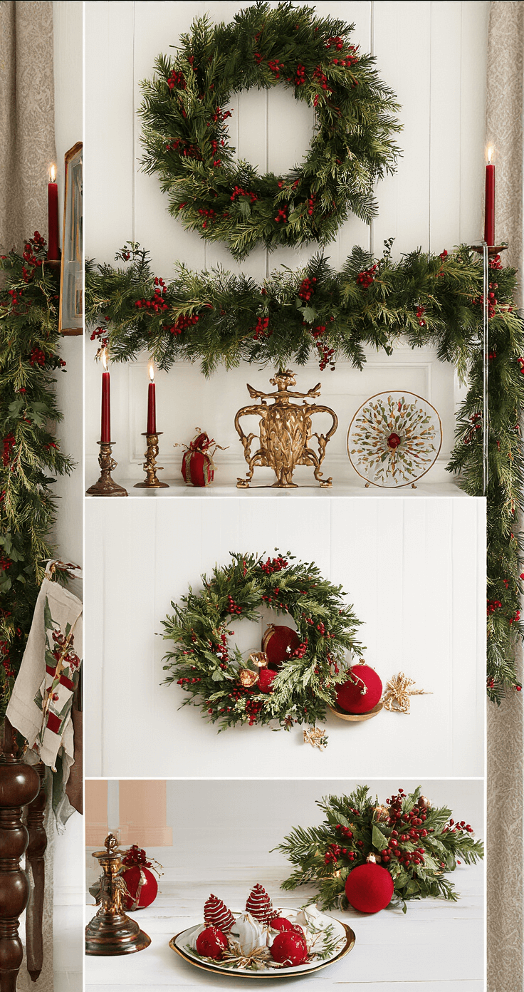 Kersttafeldecoratie 2025: Creëer een Betoverende Winterse Sfeer Traditionele Nederlandse eetkamer met donkere eikenhouten meubels en kerstdecoratie in rood en groen, verlicht door gouden middaglicht. Dieprode tafel met gouden borduursels, koperen kandelaars en antieke stoelen met fluwelen kussens.