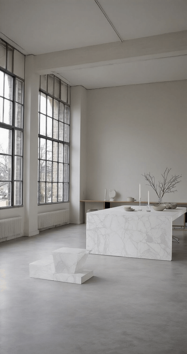 Kersttafeldecoratie 2025: Creëer een Betoverende Winterse Sfeer Moderne minimalistische eetkamer met betonnen vloer en witte muren, grote industriële ramen, en een wit marmeren tafel. Monochrome styling met witte kaarsen in geometrische betonnen houders, transparante glazen vazen, en Scandinavische houten stoelen. Zachte turquoise accenten en strakke decoratie zorgen voor een serene, eigentijdse sfeer.