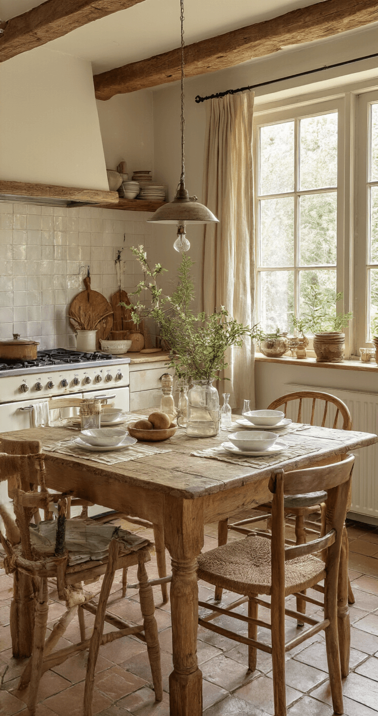 Kersttafeldecoratie 2025: Creëer een Betoverende Winterse Sfeer Rustieke boerderij keuken met verweerde houten tafel, omringd door vintage stoelen. Zacht ochtendlicht, warme gele tonen. Budget-vriendelijke decoratie met zelfgemaakte kandelaars, dennentakken, handgeplakte sterren en eenvoudige servies. Gezellige sfeer met LED-lichtjes en natuurlijke elementen.