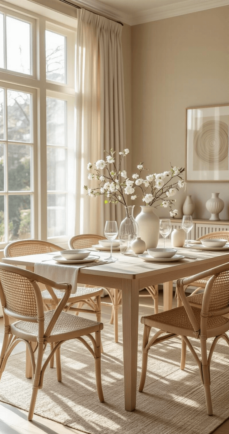 Kersttafeldecoratie 2025: Creëer een Betoverende Winterse Sfeer Elegante eetkamer met lange rechthoekige tafel, gedekt voor social media, verlicht door gouden uurlicht. Hoogteverschillen door kandelaars en vazen, afgewerkt met witte bloemen en kerstballen. Neutrale kleuren en glanzende oppervlakken creëren een fotogenieke sfeer.