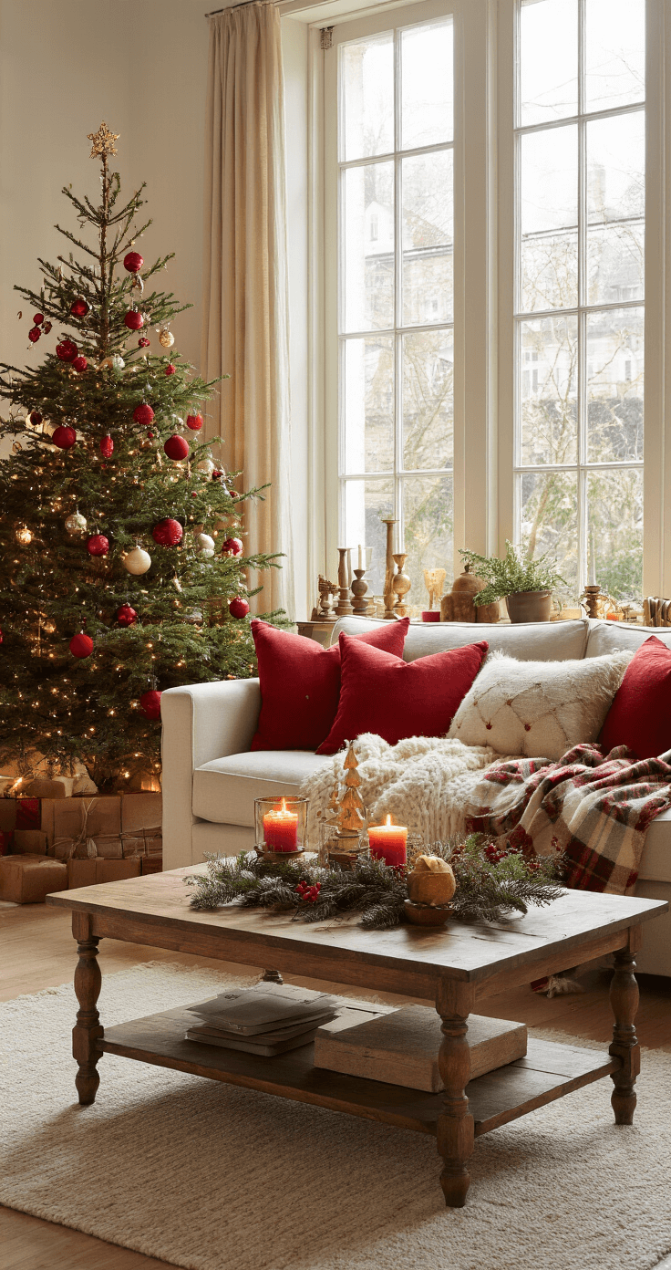 Magische Kerst Decor Styling: Jouw Ultieme Gids voor Perfecte Feestdagen Fotografie Sfeervolle woonkamer met kerstdecoratie, grote ramen die warme middagzon laten binnenstromen, cremekleurige bank met rode en gouden kussens, elegante kerstboom met LED-verlichting en traditionele kerstballen, donkere eiken salontafel versierd met dennentakken en kaarsen, zachte plaid en glanzende koperen accessoires.