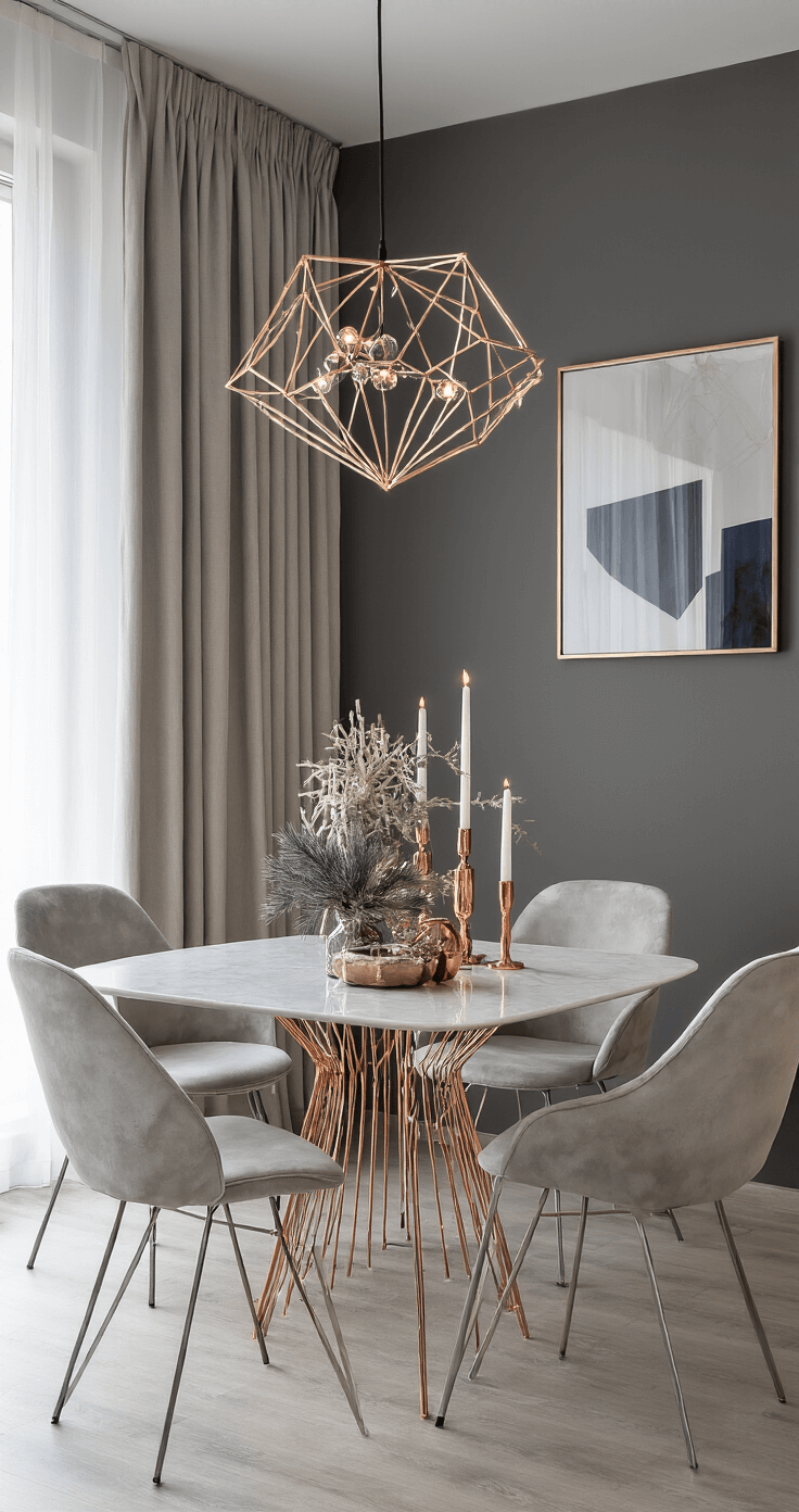 Magische Kerst Decor Styling: Jouw Ultieme Gids voor Perfecte Feestdagen Fotografie Moderne eetkamer met minimalistische kerstdecoraties, witte marmeren eettafel, rose gold accenten en geometrische kerstboom, verlicht door koel ochtendlicht.