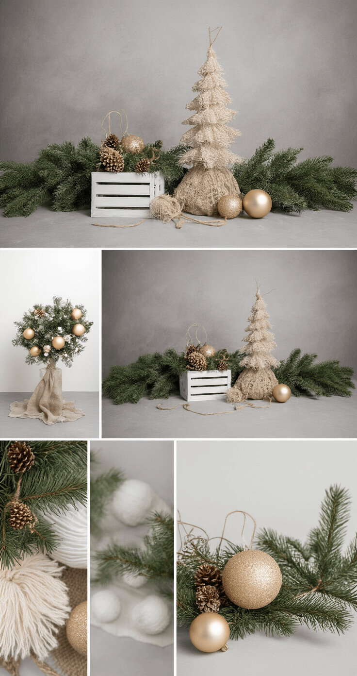 Magische Kerst Decor Styling: Jouw Ultieme Gids voor Perfecte Feestdagen Fotografie Professionele fotoshoot in studio met kerstdecoratie, neutrale grijze achtergrond, en een kleurenpalet van diep bosgroen, warm champagne goud en crisp wit.